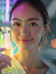 Aufkleber - Celebrating World IVF Day: Young Asian Female Scientist Smiling with Embryo Sample in High-Tech Lab