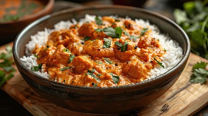 Wall Mural - A dish of flavorful chicken tikka masala, served with rice.