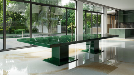 Wall Mural - Minimalist emerald green dining table in a contemporary dining room with large windows and natural light, creating a fresh and modern look