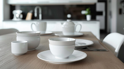 Canvas Print - Minimalist white ceramic dinnerware set on a sleek wooden dining table in a contemporary kitchen, providing a stylish and functional setup