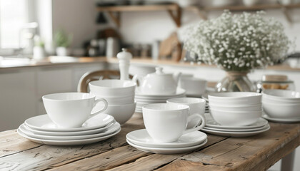 Canvas Print - Minimalist white ceramic dinnerware set on a rustic wooden dining table in a cozy kitchen with natural light, perfect for elegant and simple dining experiences