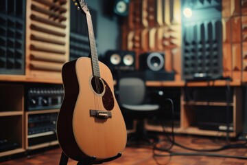 Sticker - A sleek, modern guitar frame mockup in a recording studio environment