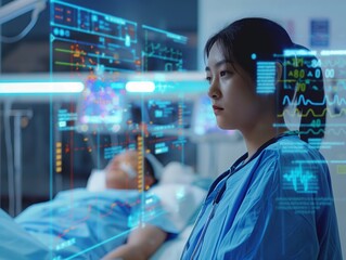 Wall Mural - Medical professional in scrubs analyzing patient data on a futuristic digital screen in a hospital setting.