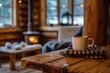 © Fitry - A wooden table in a cozy cabin, with hot cocoa and a blanket