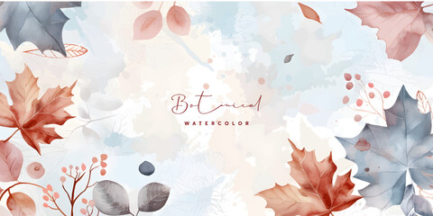 Wall Mural - winter background vector. hand painted watercolor flower, botanical leaves, maple, oak leaf hand dra