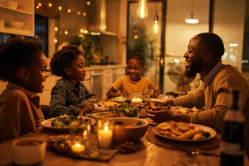 African American family enjoying a cozy dinner by candlelight, with laughter and engaging conversations.