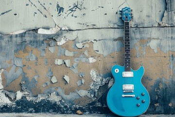 Wall Mural - An electric guitar frame mockup in a bold blue color, leaning against a grungy concrete wall