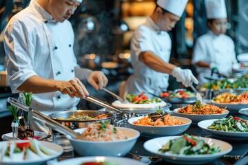 Wall Mural - A bustling catering event, with chefs preparing exquisite dishes in an open kitchen. Catering buffet food indoor in restaurant