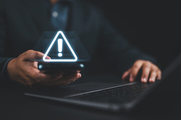 Poster - Maintenance concept. Businessman using smartphone with triangle caution warning sign for notification error. System failure and security issues.
