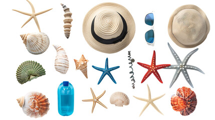 Wall Mural - Flat lay composition with beach objects isolated on transparent background