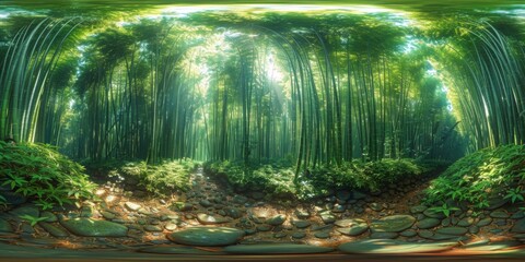 Sticker - An immersive 360-degree panorama of a tranquil bamboo forest, with sunlight filtering through the dense canopy and casting