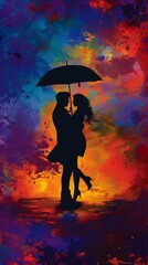 Wall Mural - A silhouette of two lovers sharing an umbrella, with the colorful rainbow reflecting in their eyes as they embrace under the moonlight. 