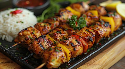 Sticker - A dish of flavorful chicken and vegetable kebabs, served with rice.