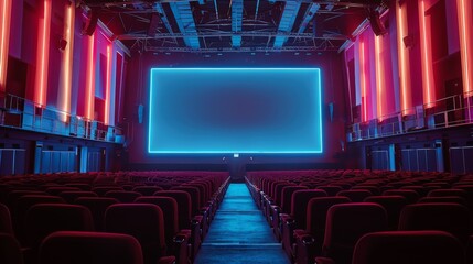 Straight on view of extra large movie theatre screen in am empty dark movie theatre with accent lighting. Generative AI.