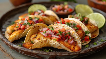 Wall Mural - A plate of crispy fish tacos, served with lime wedges and salsa.