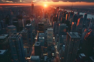 Wall Mural - Bustling Skyline Cityscape at Vibrant Sunset with Towering Skyscrapers and Modern Architecture