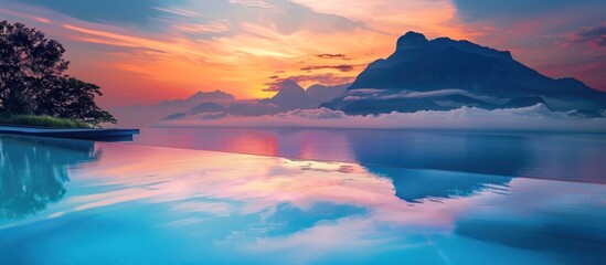 Wall Mural - Infinity pool with amazing mountain and ocean view at sunset. Sun rays and mist. Cloud reflection in water.