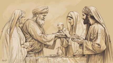 Biblical Illustration: The Presentation at the Temple, Simeon and Anna Blessing Baby Jesus, Mary and Joseph, Beige Background, Copyspace