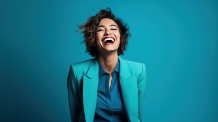 Wall Mural - woman with happiness, stylish outfit against a captivating blue background