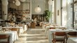 © visoot - A gorgeous modern interior with stylish restaurant with white-clothed tables, open kitchen, bright interior. Generative AI.