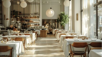 Aufkleber - A gorgeous modern interior with stylish restaurant with white-clothed tables, open kitchen, bright interior. Generative AI.