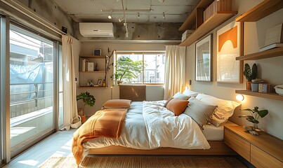 Poster - A minimalist and modern small bedroom within a tiny architectural home in Tokyo