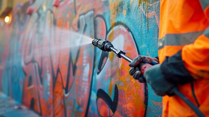 Worker in high-vis jacket using a powerful pressure washer to remove graffiti from an urban surface, focused close-up