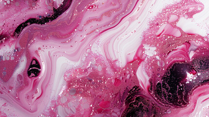 Wall Mural - Produce an AI illustration showcasing marble ink patterns blended with dazzling raspberry pink glitter.