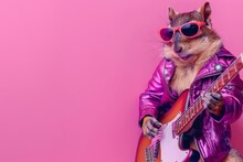 A Chipmunk In A Rock Star Outfit, Holding A Guitar, Against A Solid Magenta Background With Copy Space