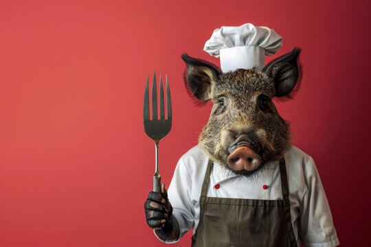 A wild boar dressed as a chef, with a toque and apron, holding a spatula, against a solid maroon background with copy space
