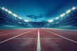 © JK_kyoto - An empty running track in a stadium, illuminated by bright lights against a clear evening sky