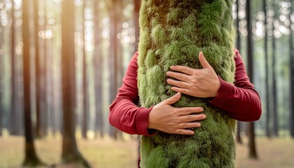 person in the woods, person holding hands, portrait of a woman in the forest, person in the park, Environment and nature care people concept activity. One woman hugging and embracing green musk covere