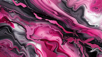 Wall Mural - Produce an AI-generated image featuring intricate marble ink designs with dazzling fuchsia pink glitter.