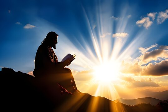 A man peacefully reading a book on a rock as the sun sets in the background, creating a serene and tranquil atmosphere.