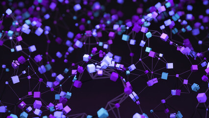 Wall Mural - colorful 3d cubes with network move in space. design. connecting chains with 3d cubes in space. cube