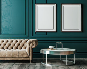 Wall Mural - Modern room with two frames on a dark teal wall, beige velvet sofa, and minimalist metal table.