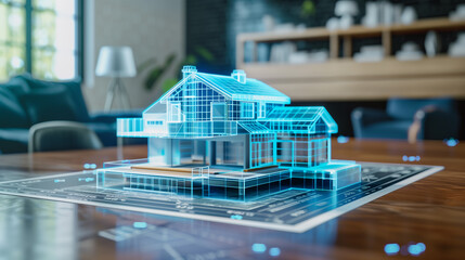 Wall Mural - 3d blue prints of a real estate project virtual hologram display on the table