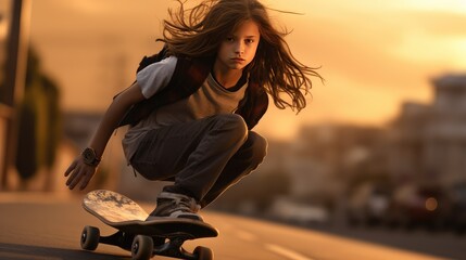 A teenage skateboarder. A skateboarder performs tricks on a skateboard. Fitness, freedom, a young girl riding on the street, active recreation.