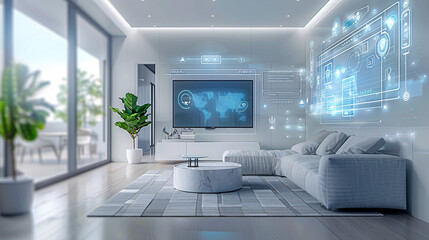 A futuristic smart home interior featuring AI-augmented reality interfaces, with holographic displays showing various smart home components. The minimalist design uses a minimal color palette and