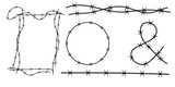 Fototapeta  - Twisted barbed wire silhouettes set in rounded and square shapes. Vector illustration of steel black wire barb fence frames. Concept of protection, danger or security