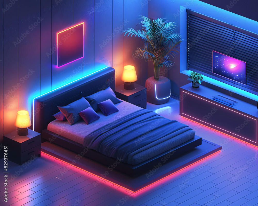 An isometric depiction of a modern smart home s bedroom, featuring AI ...