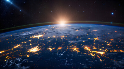 Wall Mural - view from space on planet earth with glowing connection lines around it. global networking and futur