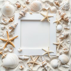 Wall Mural - High-key mockup with sea shells and starfish arranged around an empty frame on sand