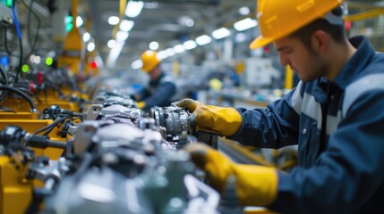 Wall Mural - A man is working on an engine in an automotive factory, specializing in the production of motor vehicles and auto parts. AIG41