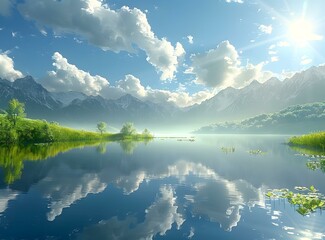 Canvas Print - The lake reflects the blue sky, white clouds and snow-capped mountains