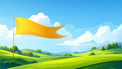 Bright yellow flag waving in the breeze on a green countryside landscape under a blue sky with fluffy clouds.