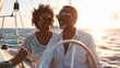 © Curva Design - A black middle-aged couple sailing on a boat with a motor, looking at the sea and smiling.