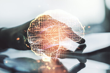 Wall Mural - double exposure of creative human brain microcircuit and hand working with a digital tablet on backg