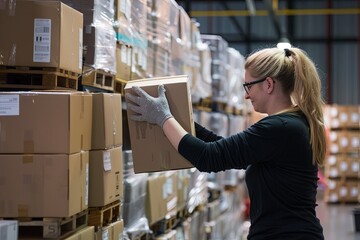 warehouse distribution center people getting package ready for online order