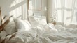 © Paul - Messy unmade bed with white sheets and pillows in a bright, minimalist bedroom, showcasing a relaxing atmosphere, soft natural light illuminating the scene